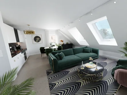 Wohnzimmer_Möblierungsvorschlag - Wohnung kaufen in Dachau - Traumhaftes Penthouse. Mit zusätzlichem Atelier. Erstbezug.