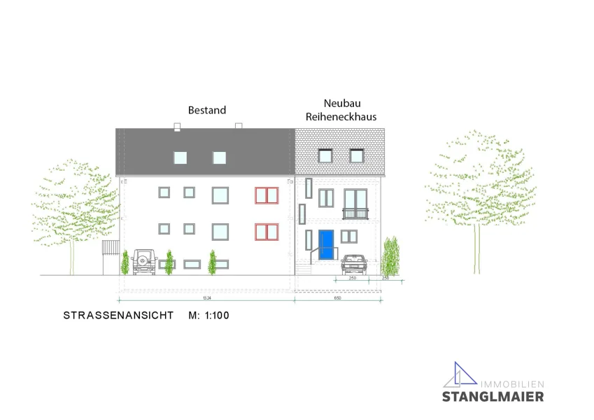 Straßenansicht - Haus kaufen in Langenbach - Exklusiver Neubau! Zeitgemäßes Reiheneckhaus auf großem sonnigen Grundstück