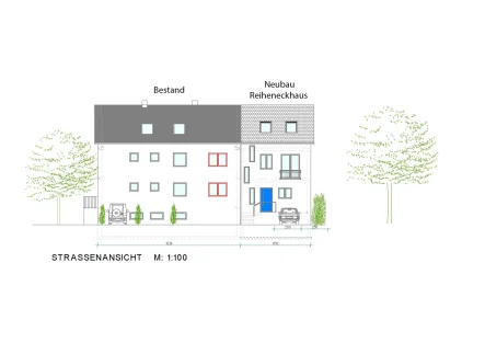 Straßenansicht - Haus kaufen in Langenbach - Exklusiver Neubau! Zeitgemäßes Reiheneckhaus auf großem sonnigen Grundstück