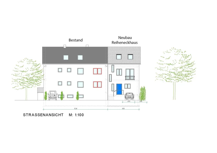 Straßenansicht  - Haus kaufen in Langenbach - Exklusiver Neubau! Zeitgemäßes Reiheneckhaus auf großem sonnigen Grundstück