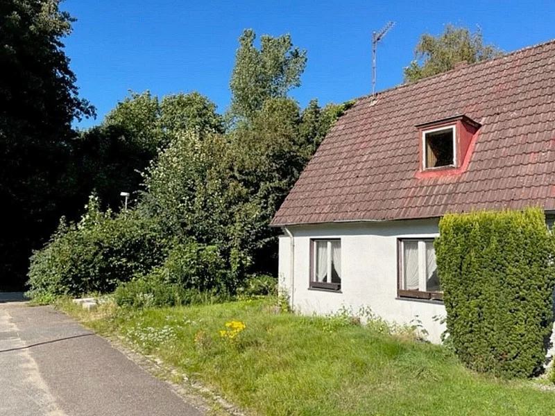 Straßenansicht - Haus kaufen in Neumünster - Großes eingewachsenes Grundstück mit sanierungsbedürftiger bzw. abrissbereiter Doppelhaushälfte