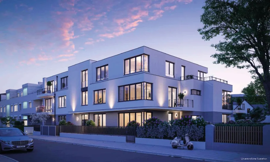 Visualisierung Abenddämmerung - Wohnung kaufen in München - Nachhaltige 2,5-Zimmer-Balkonwohnung in Harlaching mit Blick ins Grüne