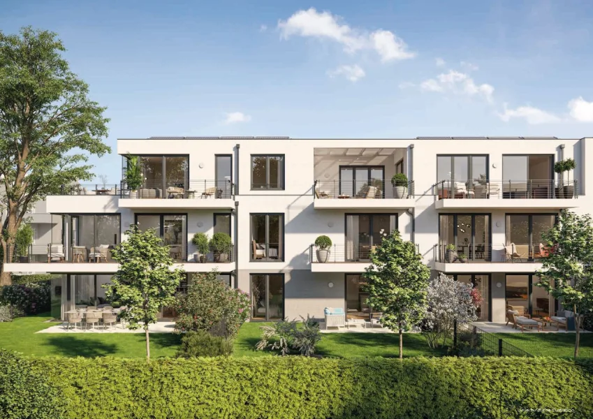 Visualisierung Gartenansicht - Wohnung kaufen in München - Elegante 4-Zimmer-Wohnung mit 2 Balkonen in unvergleichlicher Lage Harlachings