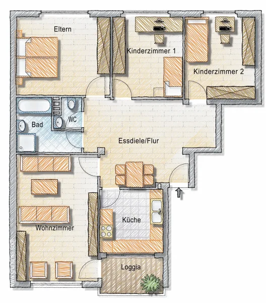 Der Grundriss - Wohnung kaufen in Nürnberg - Helle 4-Zimmerwohnung mit EBK, Balkon und KFZ-Stellplatz in Nürnberg Schweinau