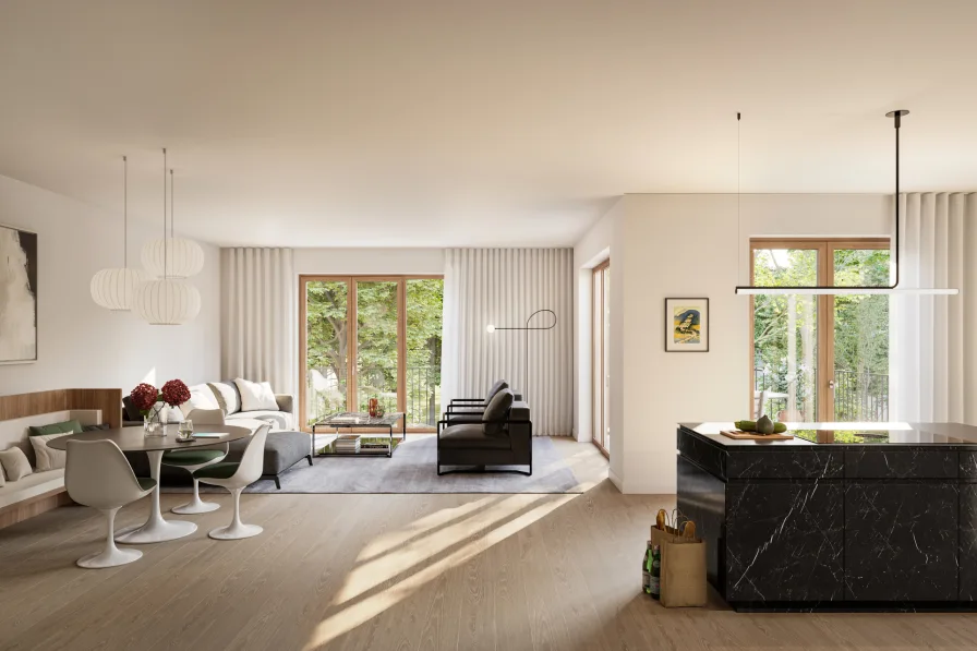 Großzügiger Livingbereich - Wohnung kaufen in München - Neubau: Großzügige 3-Zimmer-Wohnung mit sonniger Terrasse und edlem Ambiente