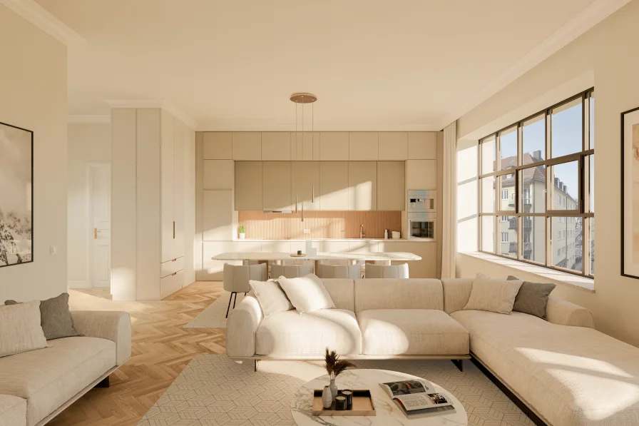 Ideal gestaltbarer Wohn,-Ess,-Kochbereich (Visualisierung) - Wohnung kaufen in München - Atelierwohnung mit fantastischer Blickachse zum Selbstausbau