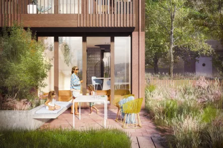 Terrasse mit Privatgarten - Haus kaufen in Berg - Neubau: Galeriehaus mit Garten und exklusiven Add-ons