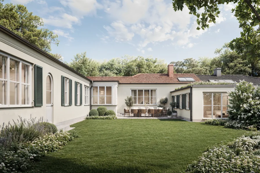 Historischer Atrium-Bungalow (Visualisierung) - Haus kaufen in München - Rarität zur Modernisierung: Historischer Atrium-Bungalow in vornehmster Villenlage