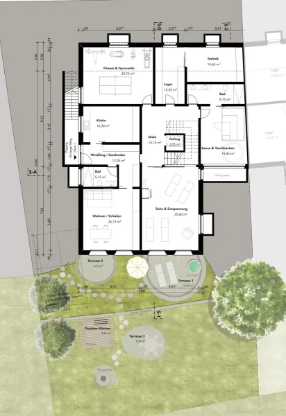 Freiflächenplan Garten- und Wellnessgeschoss