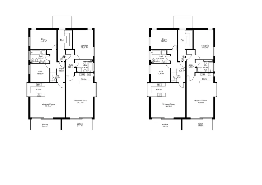 Grundrissplan Obergeschoss / Haus 1 (links) / Haus 2 (rechts)