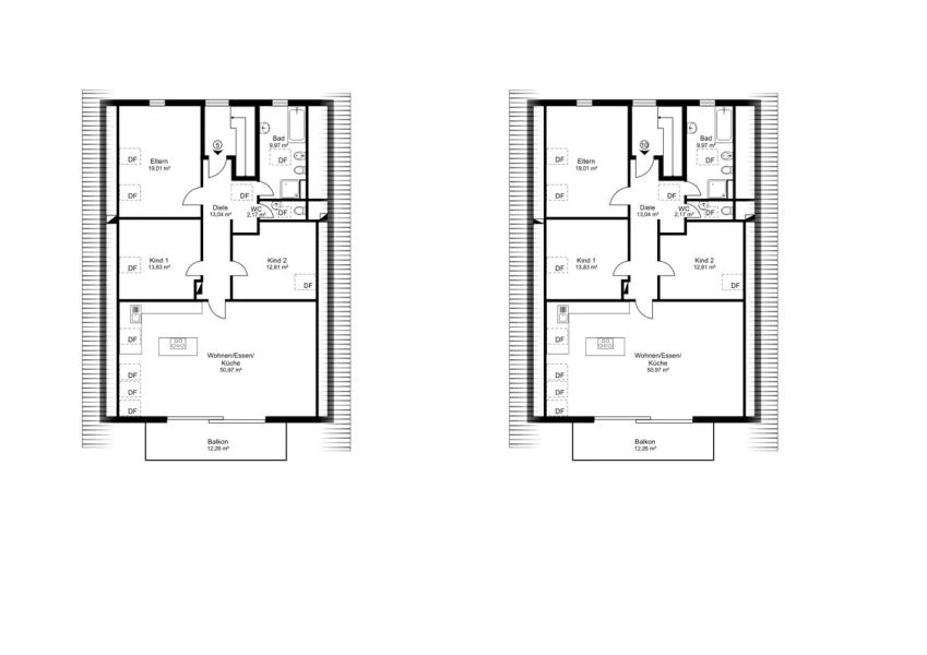 Grundrissplan Dachgeschoss / Haus 1 (links) / Haus 2 (rechts)