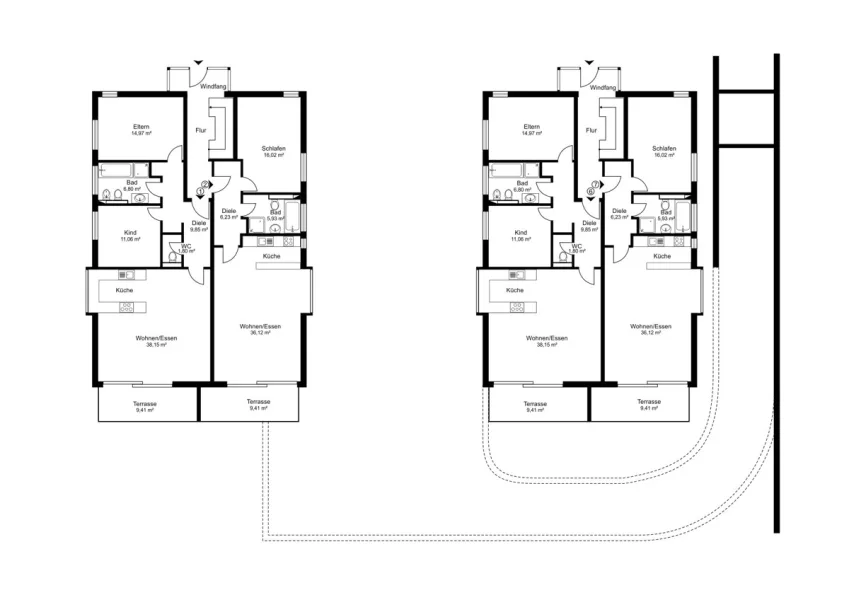 Grundrissplan Erdgeschoss / Haus 1 (links) / Haus 2 (rechts)