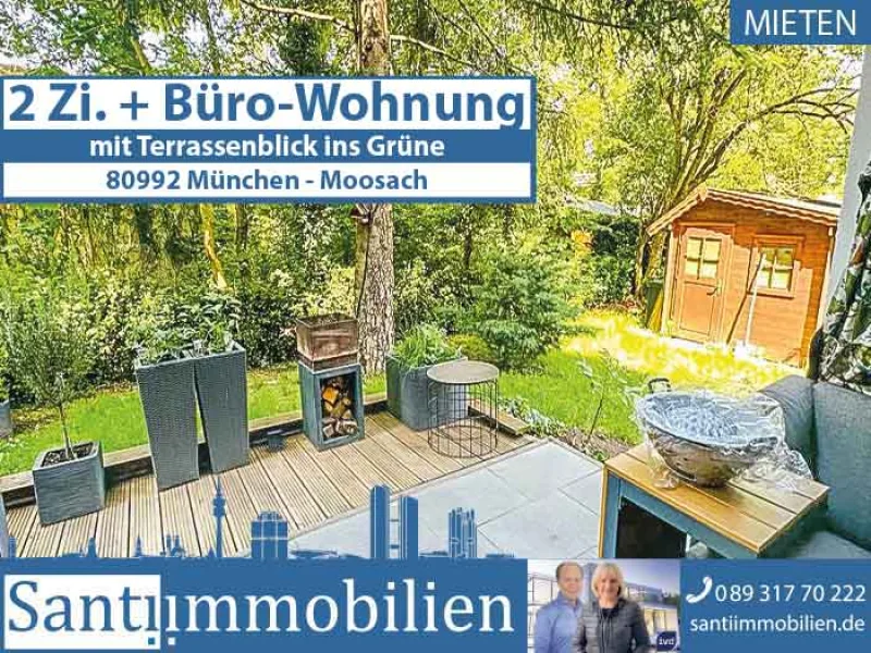 Wohnung-mieten-Moosach - Wohnung mieten in München - Wunderbare 2-Zimmer plus Büro-Terrassenwohnung mit einem idyllischen Blick ins Grüne