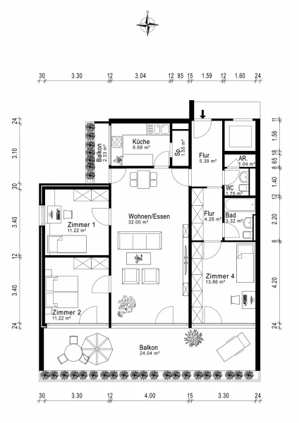 Grundriss_bemaßt - Wohnung kaufen in Taufkirchen - Attraktive Kapitalanlage: Vermietete 4-Zimmer-Wohnung in Taufkirchen – Ideal für Investoren!