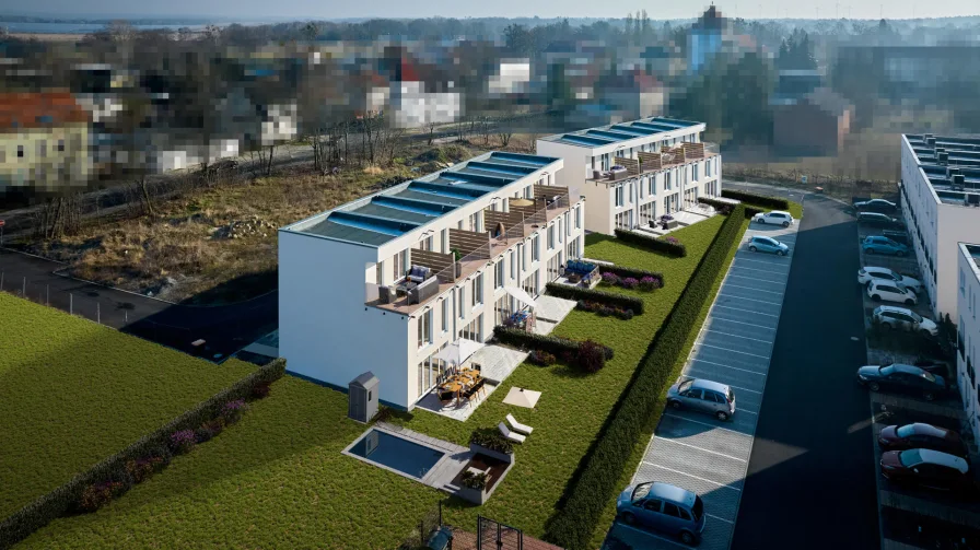 Luftbild Hinteransicht - Haus kaufen in Werneuchen - Exklusives Reihenendhaus – Ihr neues Zuhause mit Dachterrasse & Garten!