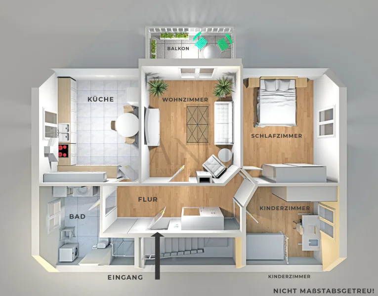 3D Grundriss - 3 Zimmer Wohnung Laichingen - Wohnung mieten in Laichingen - 3 Zi. Wohnung mit Balkon & Einbauküche in Laichingen