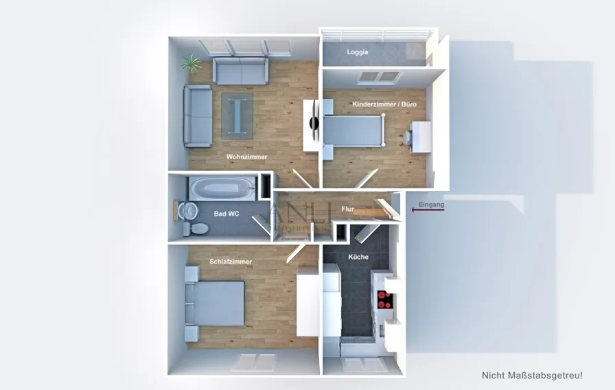 3D Grundriss - 3 Zi. Wohnung Ulm Eselsberg 