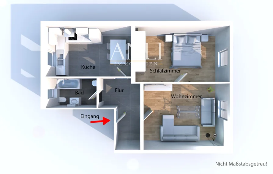 3D Grundriss - 2 Zimmer Wohnung in Neu-Ulm