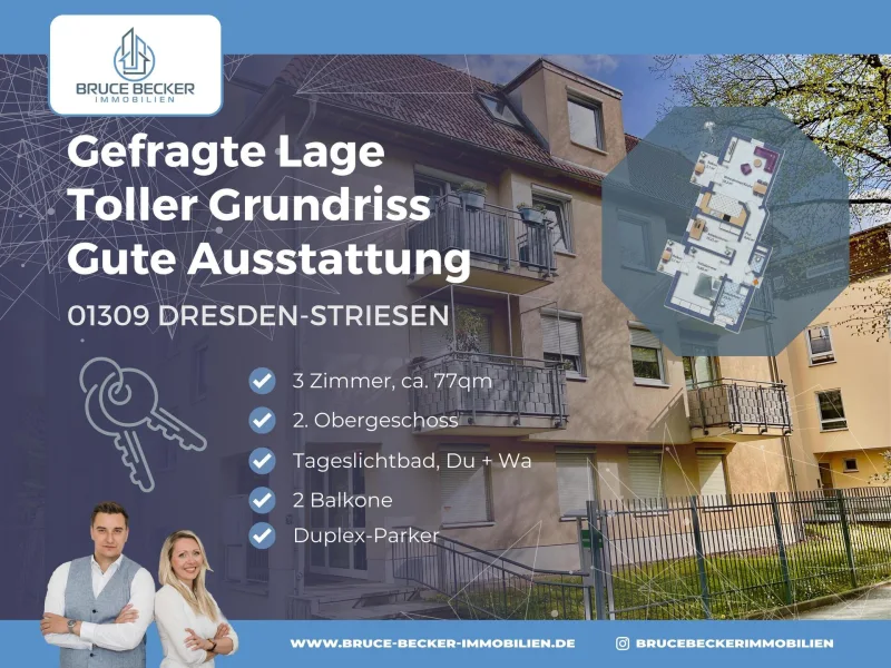 BBI 2445a - Wohnung kaufen in Dresden - Genießen in Striesen! 3 Zimmer, 2 Balkone, Bad mit Dusche und Wanne, Gäste-WC, TG-Stellplatz!