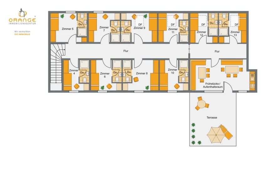 Grundriss, 1. Obergeschoss mit Gemeinschaftsraum wie auch einer Gemeinschaftsküche und der 36qm großen Terrasse, welche von allen Gästen genutzt werden kann!