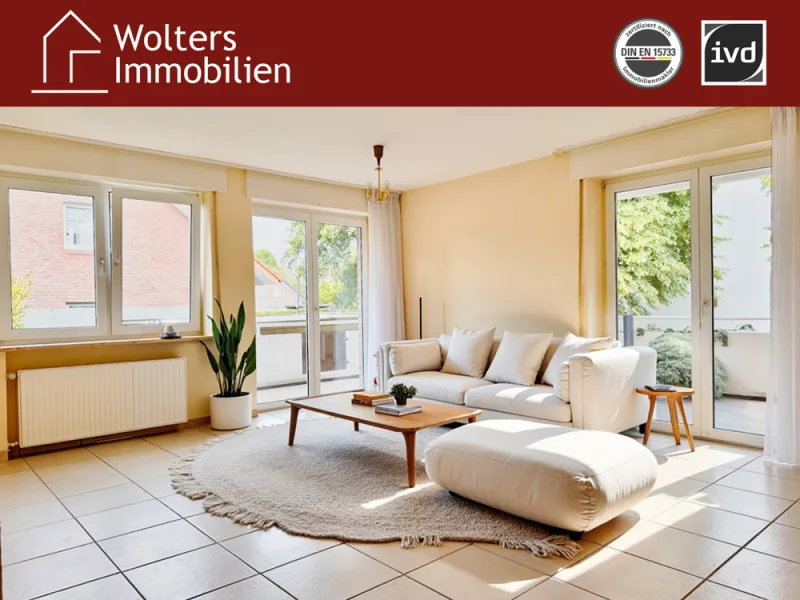 Wohnzimmer mit Zugang zum überdachten Balkon (Beispielmöblierung) - Wohnung kaufen in Gütersloh / Spexard - Gepflegte, helle 3-Zimmerwohnung mit Balkon!