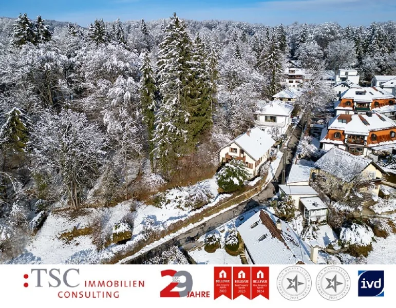 Ansicht von oben - Grundstück kaufen in Starnberg Söcking - Starnberg-Söcking  |  Baugrundstück direkt an der Maisinger Schlucht mit großartigem Ausblick