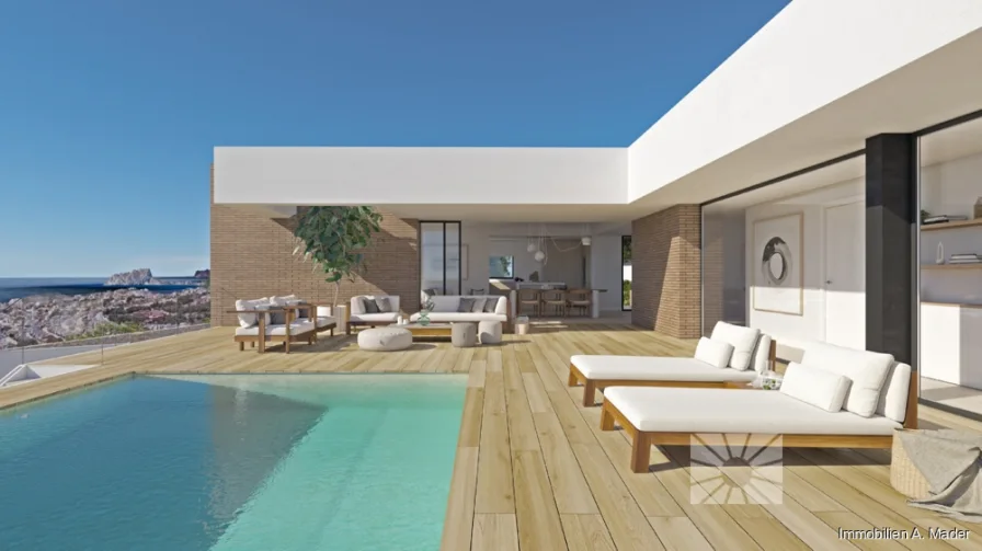 Terrasse- Pool - Haus kaufen in El Poble Nou de Benitatxell - Spanien- Costa Blanca: Luxuriöses Anwesen mit Meerblick inklusive