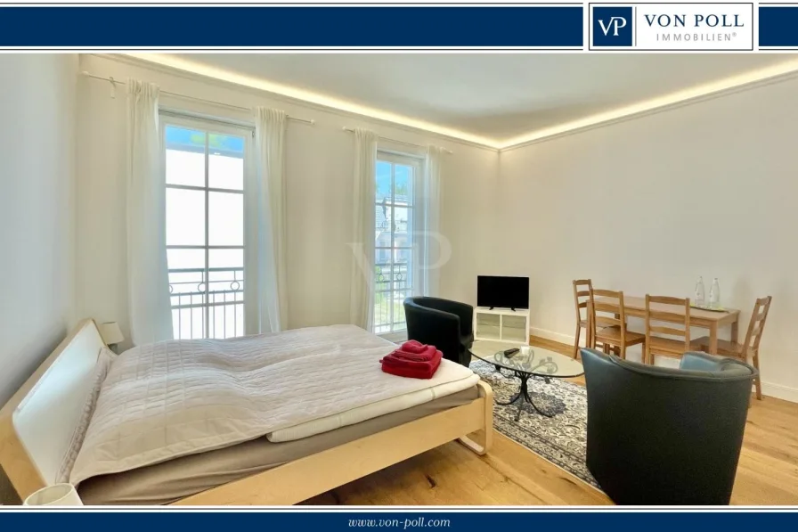 Wohn-_und_Schlafbereich VP - Wohnung kaufen in Berlin / Friedrichshagen - Exklusives Wohnen am Müggelsee: 1-Zimmer-Luxusapartment, idyllisch gelegen und mit Wasserzugang