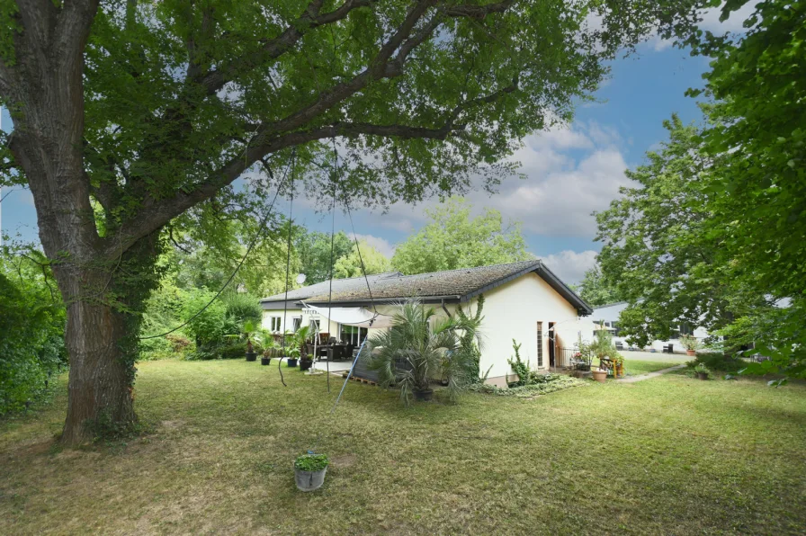 Rückseite Bungalow - Haus kaufen in Hahnheim - Gepflegter Bungalow mit ELW und Büroeinheit plus große Gewerbehalle und industriellem  Carport!