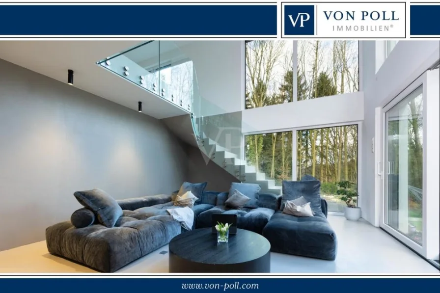 Wohnzimmer mit Ausblick - Haus kaufen in Heiligenhaus - Einzigartige Architektenhaus-Villa im Bauhausstil mit modernem Design und herrlicher Lage
