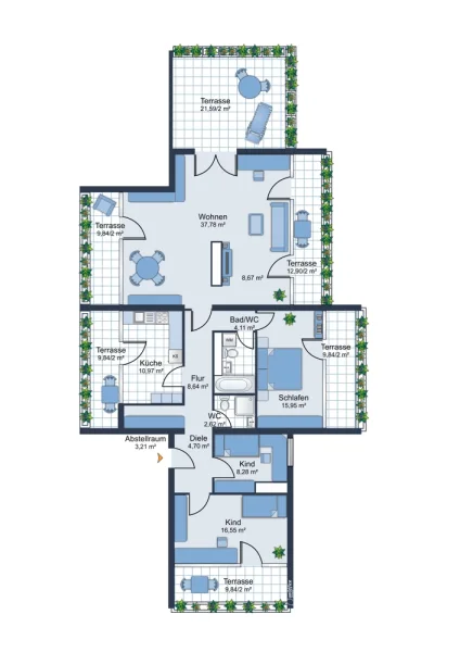 Grundriss - Wohnung kaufen in Karlsruhe / Oststadt - Ausblick über die Dächer von Karlsruhe -Penthouse in der Oststadt - 158 m² - 6 Balkone/Terrassen
