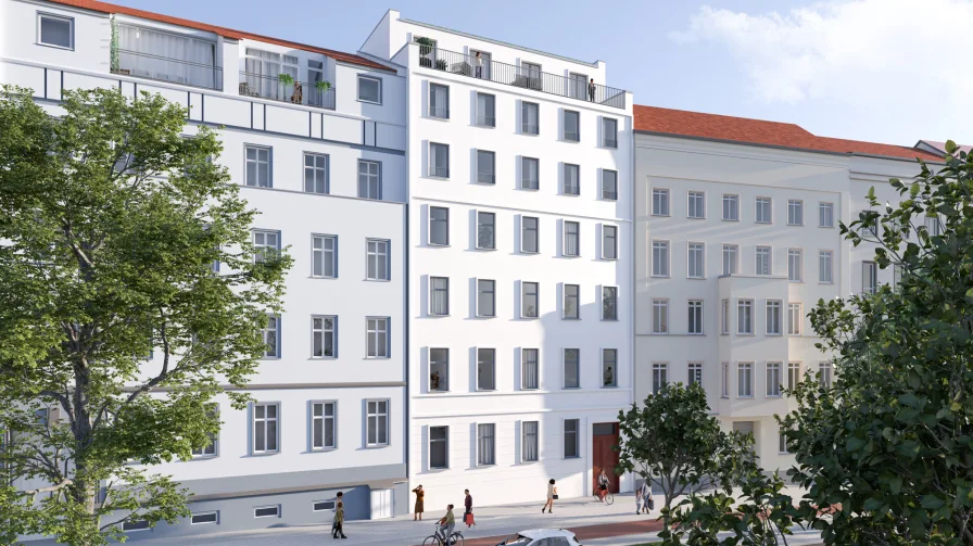 Hausansicht - Wohnung kaufen in Berlin - Penthousewohnung mit zwei Terrassen in Friedrichshain - Neubau