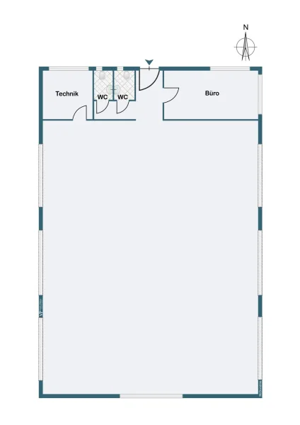 Grundriss Halle mit Büro, Technik und Sanitäranlagen