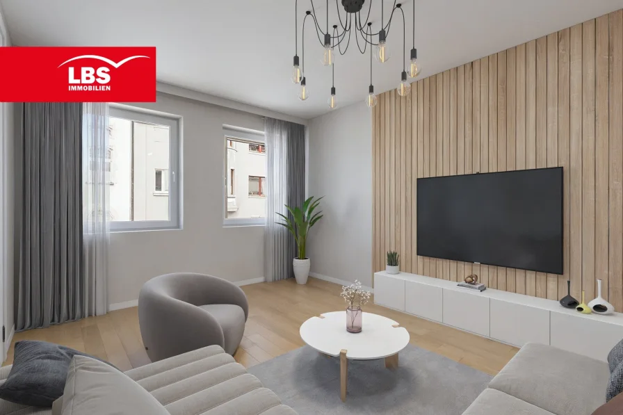 Wohnzimmer visualisiert - Wohnung kaufen in Düsseldorf - Modernisierungsbedürftige 3 Zimmer Wohnung mit Südwest Balkon!