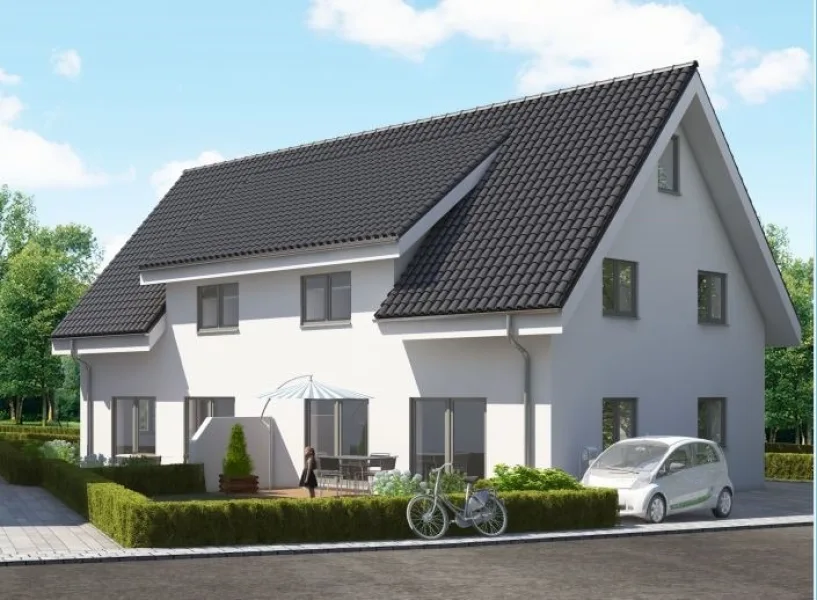 Südansicht mit Terrasse - Haus kaufen in Schloß Holte-Stukenbrock - Neubau in beliebter Wohnsiedlung von Schloß Holte-StukenbrockKfW-55