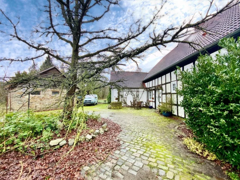 Südseite / Hof - Haus kaufen in Bohmte - Idyllisches Fachwerkhaus in ruhiger Siedlungsrandlage zu verkaufen