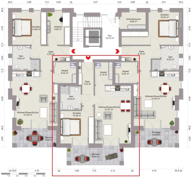 Grundriss Wohnung 2 (nicht maßstabsgerecht, Möblierungsbeispiel)