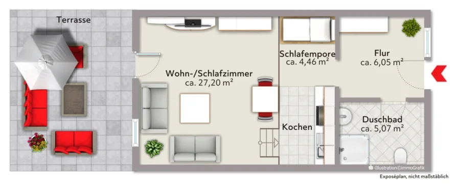 Grundriss der Wohnung (nicht maßstabsgerecht, Möblierungsbeispiel)