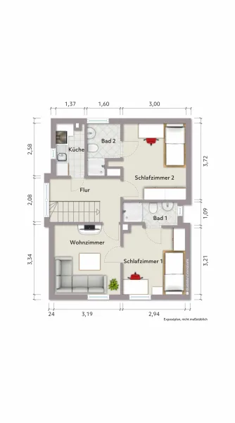 Grundriss Dachgeschoss (nicht maßstabsgerecht, Möblierungsbeispiel)