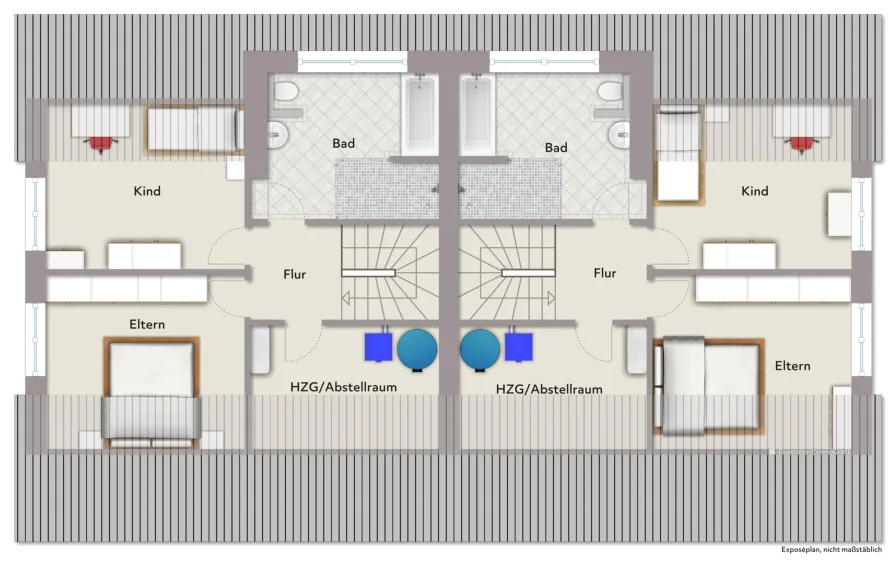 Grundriss Dachgeschoss (nicht maßstabsgerecht, Möblierungsbeispiel)