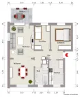 Grundriss der Wohnung (nicht maßstabsgerecht, Möblierungsbeispiel)
