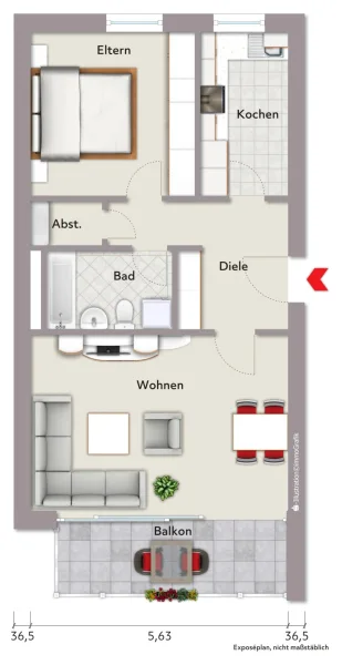 Grundriss der Wohnung (nicht maßstabsgerecht, Möblierungsbeispiel)