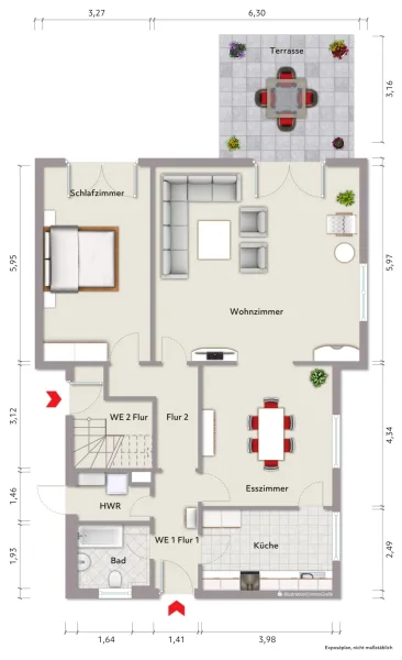 Grundriss Erdgeschoss - Zweifamilienhaus (nicht maßstabsgerecht, Möblierungsbeispiel)