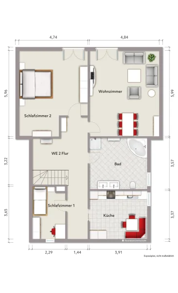 Grundriss Dachgeschoss - Zweifamilienhaus (nicht maßstabsgerecht, Möblierungsbeispiel)