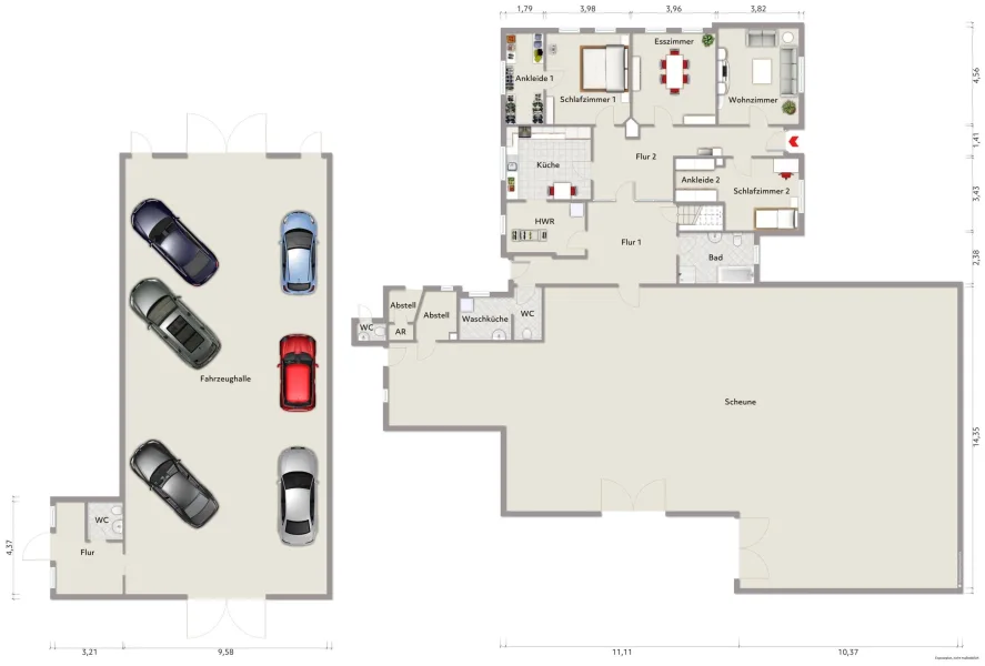 Grundriss Erdgeschoss - Landhaus (nicht maßstabsgerecht, Möblierungsbeispiel)