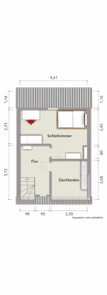 Grundriss Dachgeschoss (nicht maßstabsgerecht, Möblierungsbeispiel)