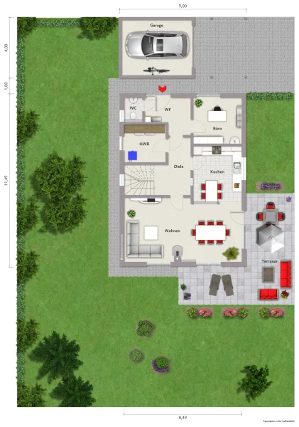 Grundriss Erdgeschoss (nicht maßstabsgerecht, Möblierungsbeispiel)