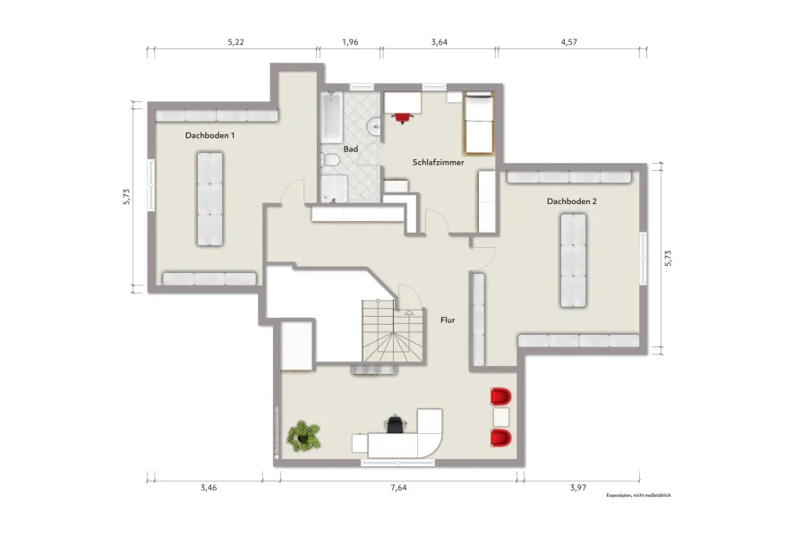 Grundriss Dachgeschoss (nicht maßstabsgerecht, Möblierungsbeispiel)