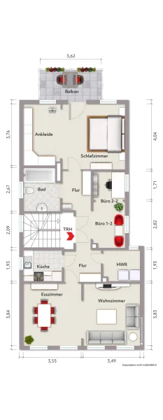 Grundriss Obergeschoss (nicht maßstabsgerecht, Möblierungsbeispiel)