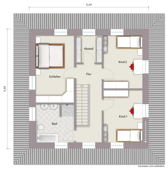 Grundriss Obergeschoss (Möblierungsbeispiel)